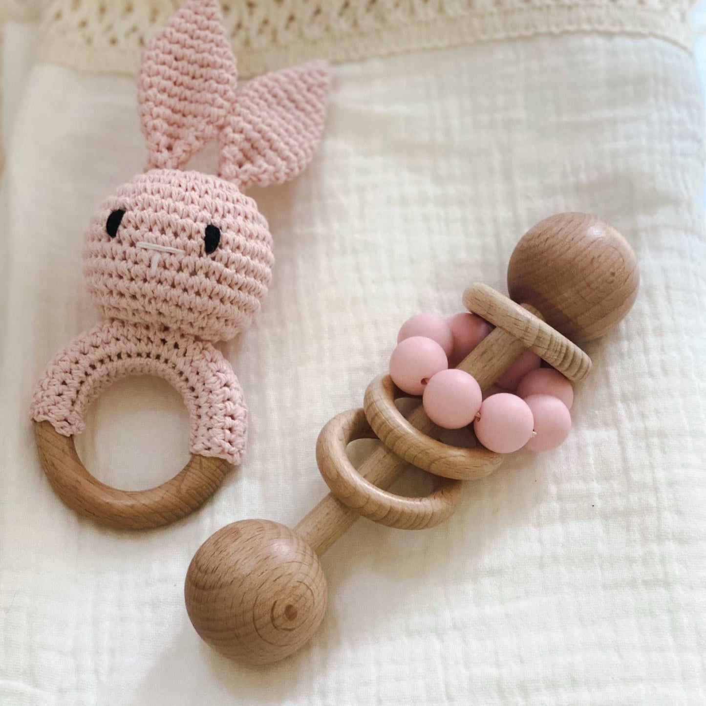 Natural Beechwood Baby Rattle and Crochet Bunny Set | Pink