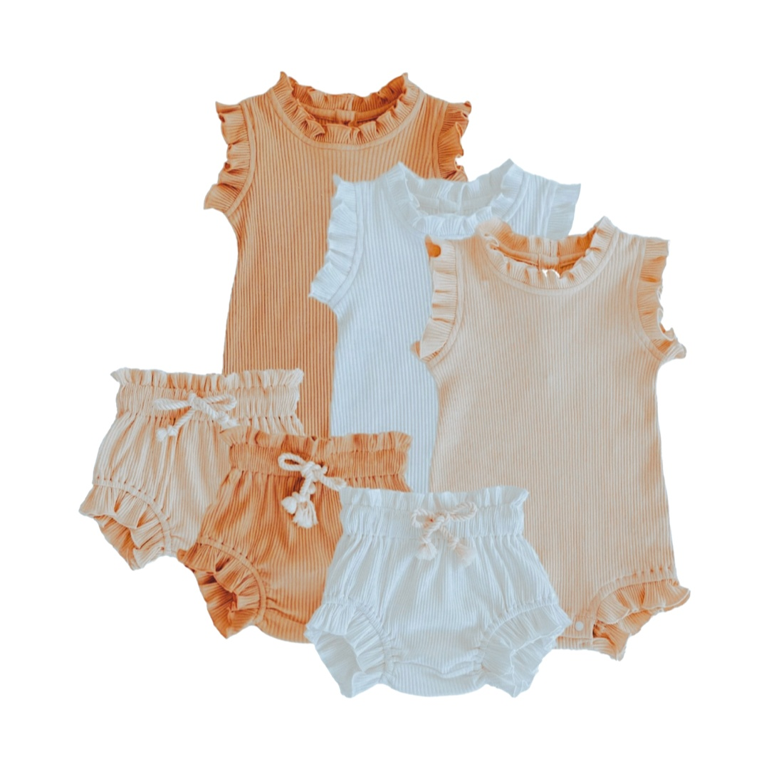 Frill baby romper and bloomer set. Baby Girl Clothing