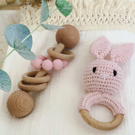 Natural Beechwood Baby Rattle and Crochet Bunny Set | Pink