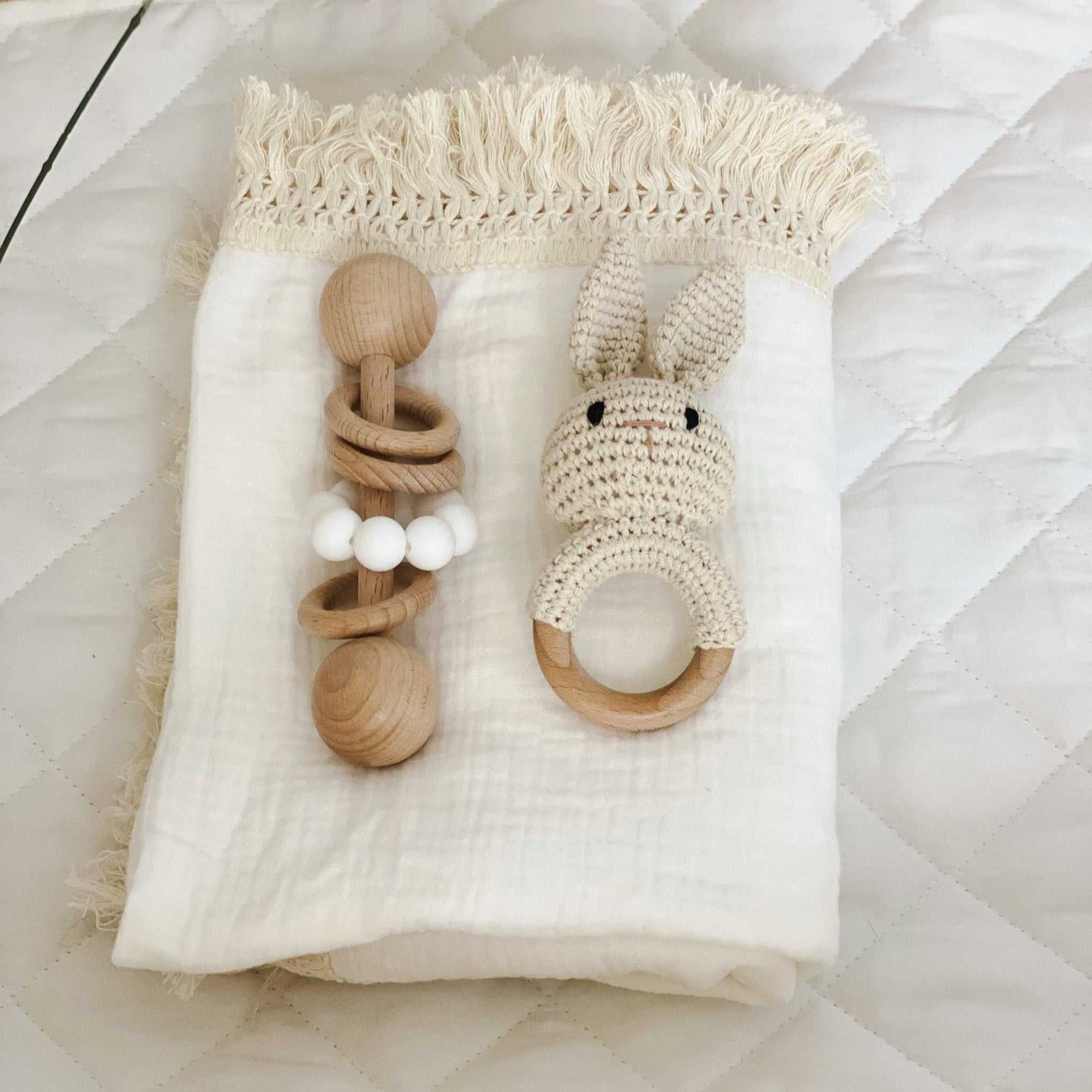 Natural Beechwood Baby Rattle and Crochet Bunny Set | Cream