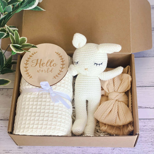 Hello world crochet bunny baby gift set. Baby shower gift set. Newborn baby gift set